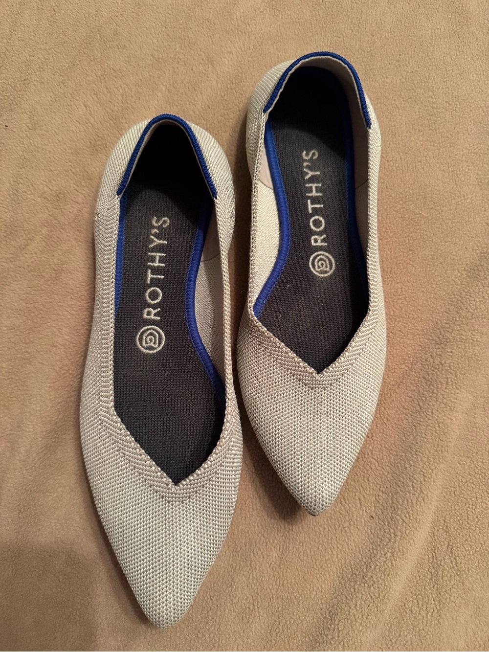 Rothy's Women's Pointed Knit Flats in Light Gray with Blue Trim